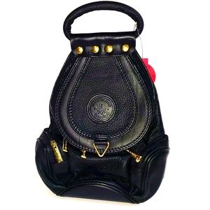 VERA PELLE Small Black Leather Bag Sling Purse Backpack